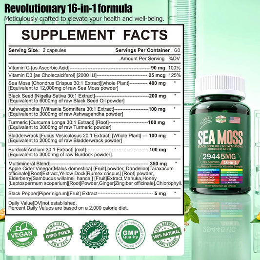 Sea Moss 12000Mg Black Seed Oil 6000Mg Ashwagandha 3000Mg Turmeric 1000Mg Bladderwrack 2000Mg Burdock 3000Mg & Vitamin C & D3 With Elderberry Manuka Yellow Dock Iodine Chlorophyll Acv.60 Days Supply
