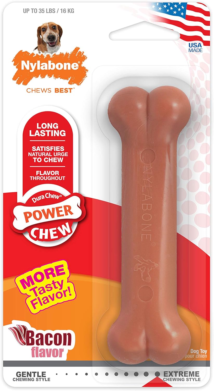 Nylabone Power Chew Classic Bone Chew Toy For Dogs, Durable Dog Toys For Aggressive Chewers, Bacon Flavor, Medium/Wolf - Up To 35 Lbs. (1 Count)