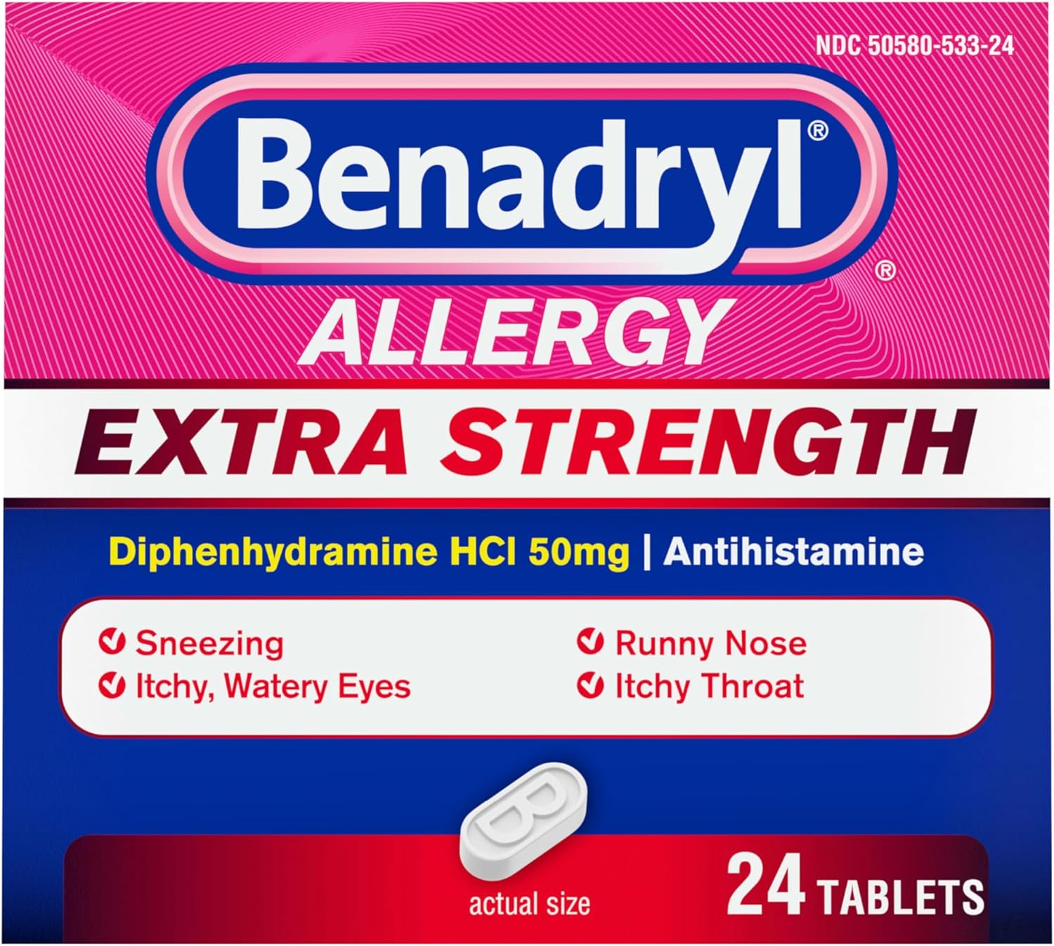 Benadryl Extra Strength Antihistamine Allergy Relief Medicine, 50 Mg Diphenhydramine Hcl Tablets For Relief Of Allergy Symptoms Due To Hay Fever Or Other Upper Respiratory Allergies, 24 Ct