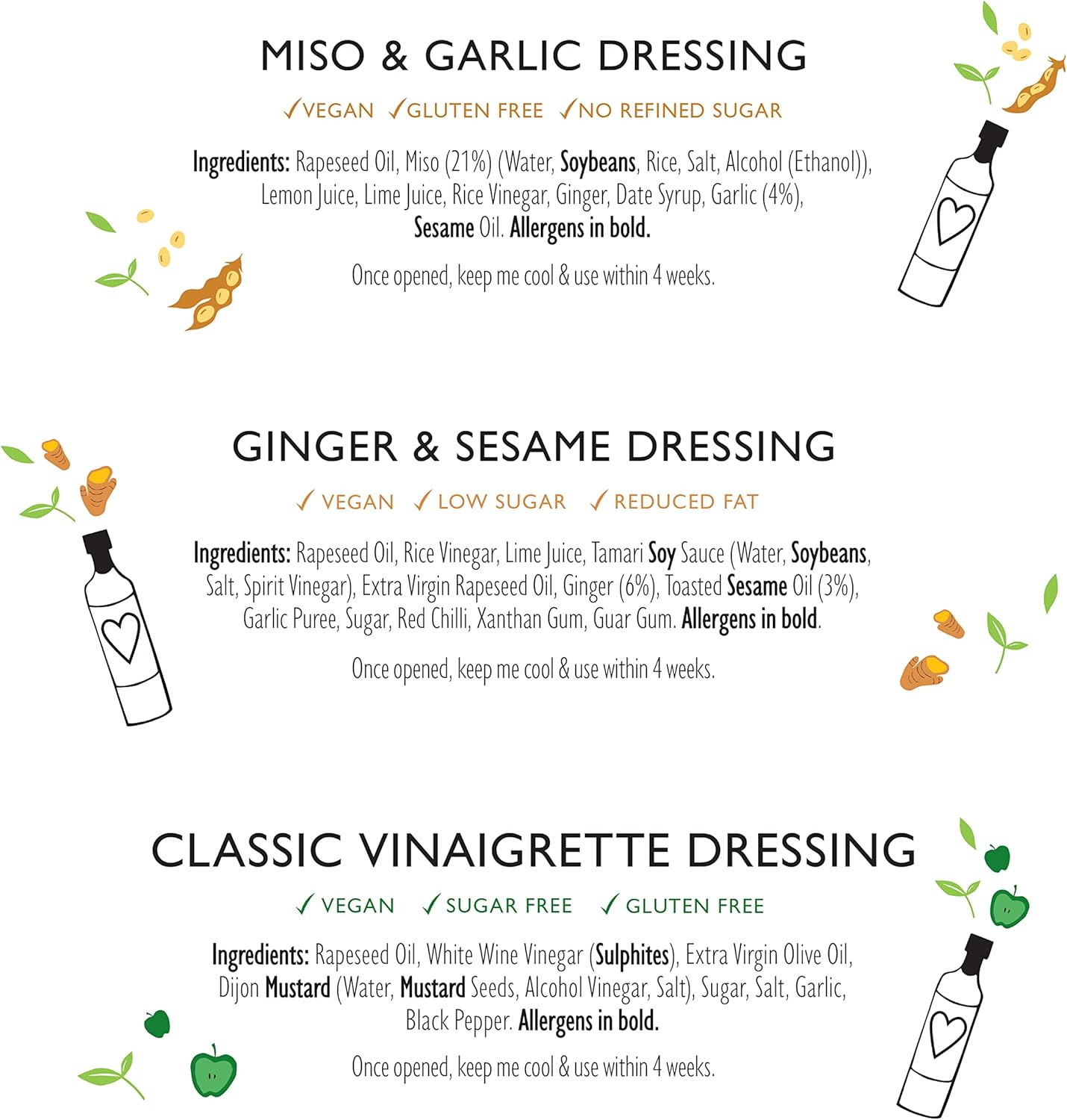 Lucy’S Dressings – Mixed Vegan Dressings Bundle - Vegan Miso & Garlic, Ginger & Sesame And Classic Vinaigrette – 3 X 250Ml