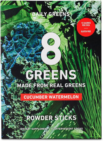 8Greens Daily Greens Powder Sticks - Vegan Super Greens Powder & Multi Vitamins Supplements, Greens Powder (Pack of 15 Sticks) (Watermelon Cucumber)