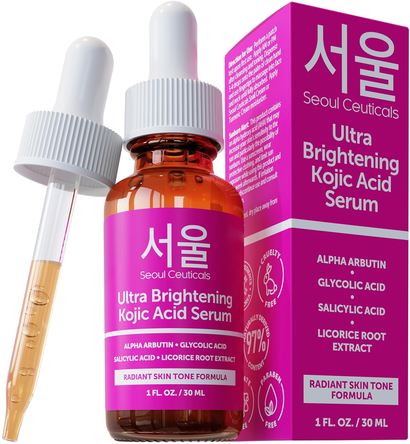 Seoulceuticals Korean Skin Care Kojic Acid Serum Alpha Arbutin – Dark Spot Remover Corrector Glycolic Acid + Salicylic Acid K Beauty 1Oz