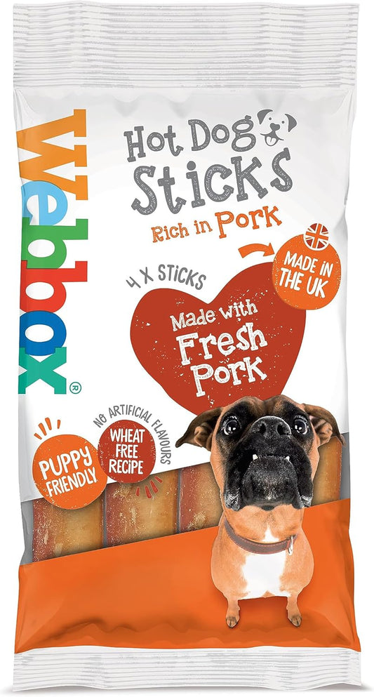 Webbox Hot Dog Sticks Dog Treats - Made with Fresh Pork, Puppy Friendly, Wheat Free Recipe, No Artificial Flavours, Made in the UK (16 x 4 Packs)?650238
