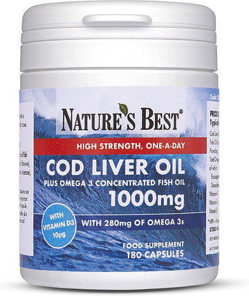 Premium Cod Liver Oil 1000Mg Pure Omega 3'S - 180 Capsules, 1-A-Day 6 Month'S Supply - 280Mg Omega 3 & 10µg Vitamin D3 Per Capsule - Supports Vision, Brain, Heart, And Blood Pressure - Taste-Free