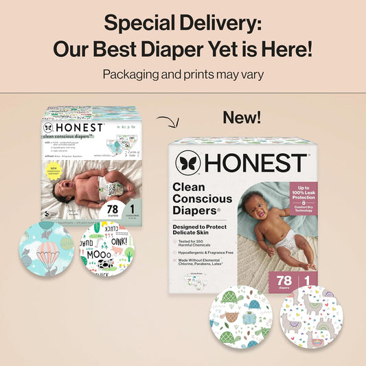 The Honest Company Clean Conscious Diapers For Delicate Skin | Up To 100% Leakproof | Hypoallergenic, Fragrance Free | Gender Neutral | Club Box, Size 1 (8-14 Lbs), 78 Count (Prints May Vary)