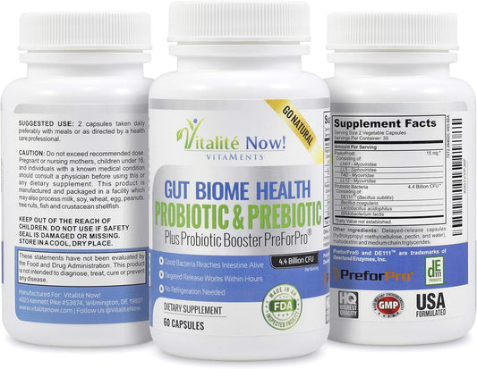 Premium Probiotic Plus Ultimate Prebiotic - Gut Biome Builder & Restoration - 4.4 Bn Cfu - Best For Women & Men - Bacteria Reaches Intestine Within Hours - No Refrigeration - Bacillus Subtilis