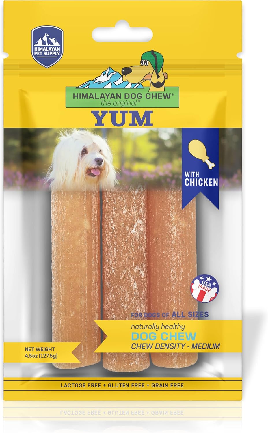 Himalayan Dog Chew Original Yak Cheese Dog Chews, 100% Natural, Long Lasting, Gluten Free, Healthy & Safe Dog Treats, Lactose & Grain Free, Protein Rich, Chicken Flavor, 4.5 Oz Resealable Pouch