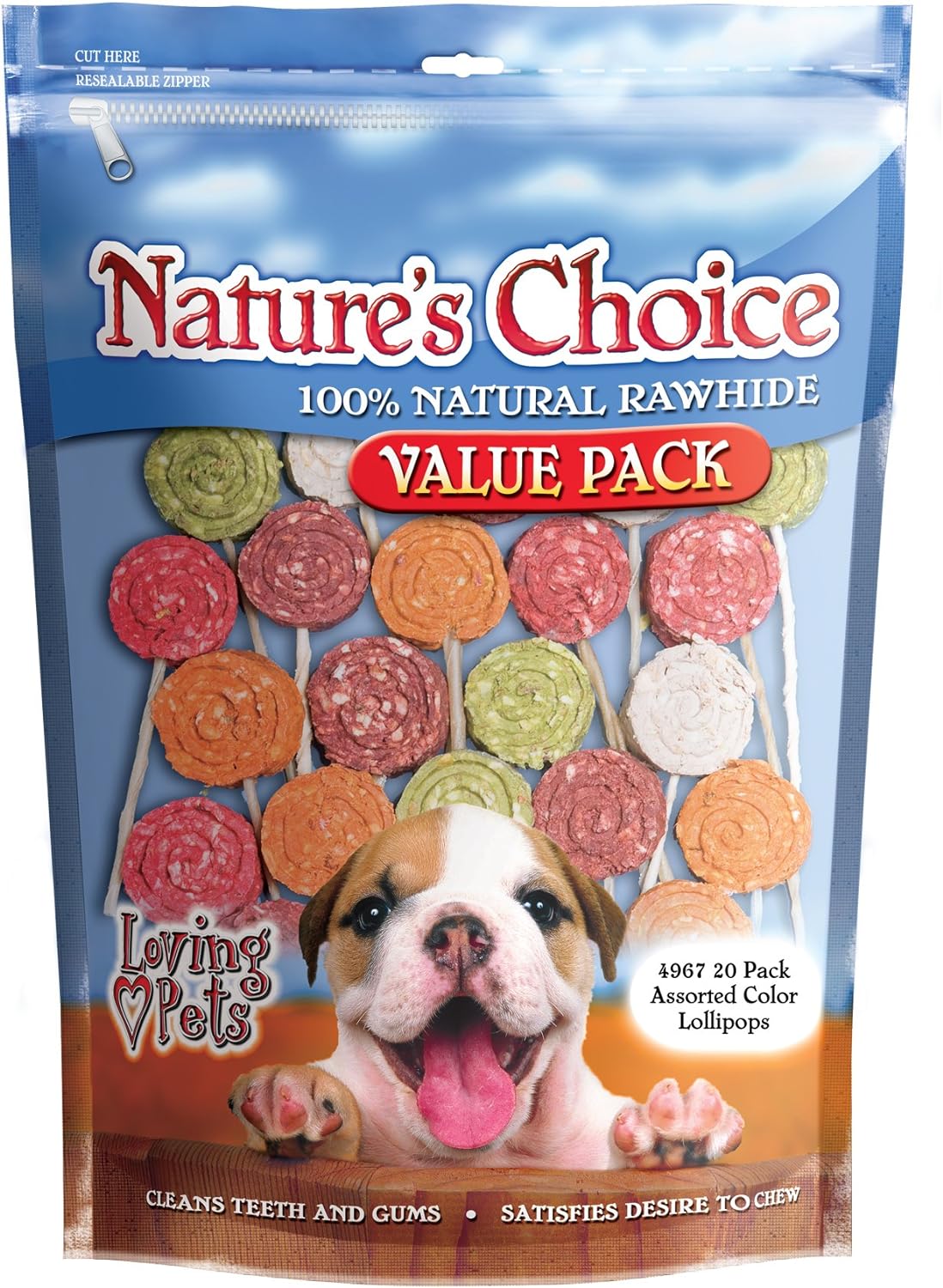 Loving Pets Nature's Choice 100% Natural Rawhide Lollipop with Twist Stick Value Pack Dog Treat, 20/Pack (Assorted Colors)