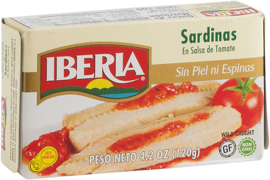 Iberia Skinless & Boneless Sardines In Tomato, 4.2 Ounce (Pack Of 12) Gluten Free, Non Gmo, Moist And Tender Low-Carb, Convenient Superfood