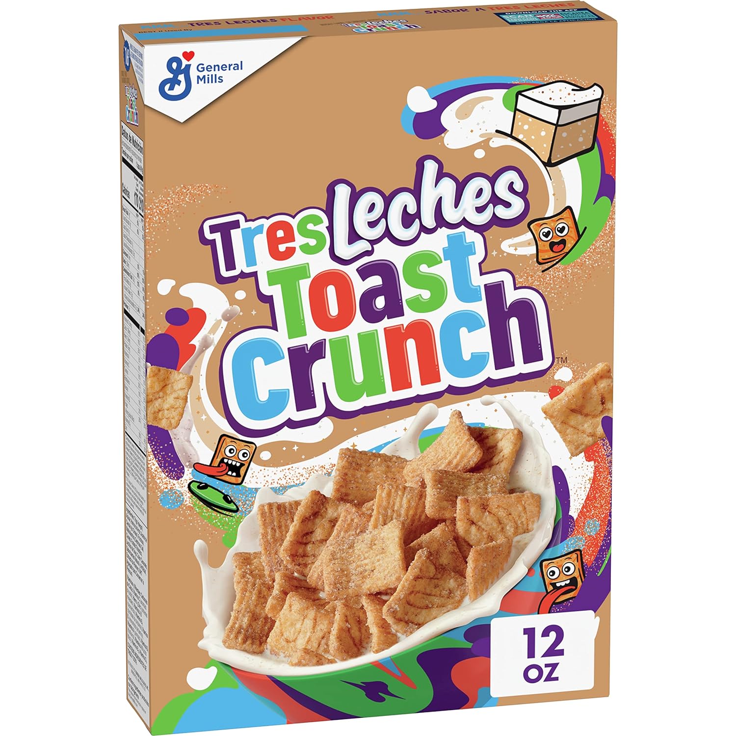 Tres Leches Toast Crunch Breakfast Cereal, Crispy Artificially Tres Leches Flavored Cinnamon Cereal, 12 oz