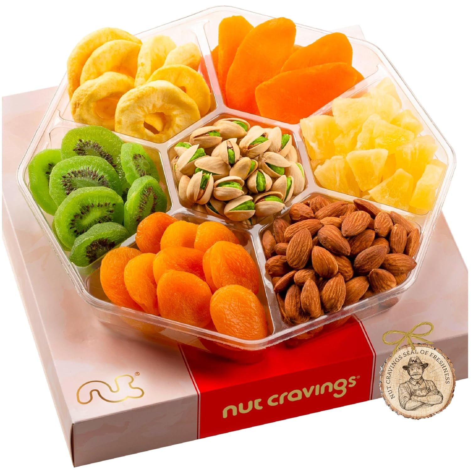 Nut Cravings Gourmet Collection - Dried Fruit & Mixed Nuts Gift Basket In Red Box (7 Assortments, 1 Lb) Teacher Appreciation Arrangement Platter Birthday Care Package, Healthy Kosher