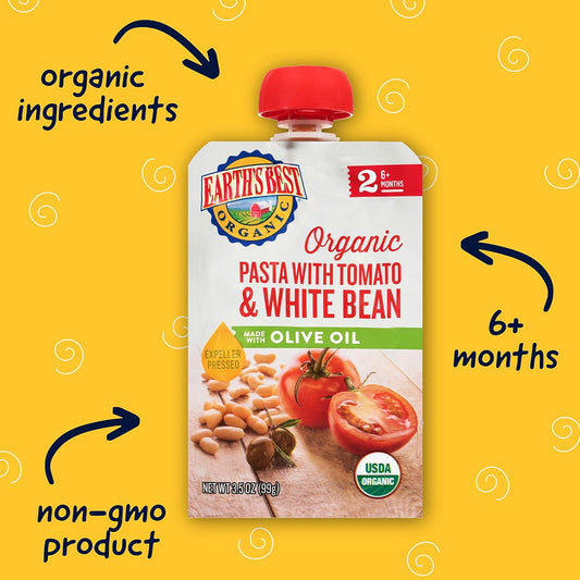 Earth'S Best Organic Baby Food Pouches, Stage 2 Homestyle Meal Puree For Babies 6 Months And Older, Organic Pasta With Tomato And White Bean Puree, 3.5 Oz Resealable Pouch, (Pack Of 12)