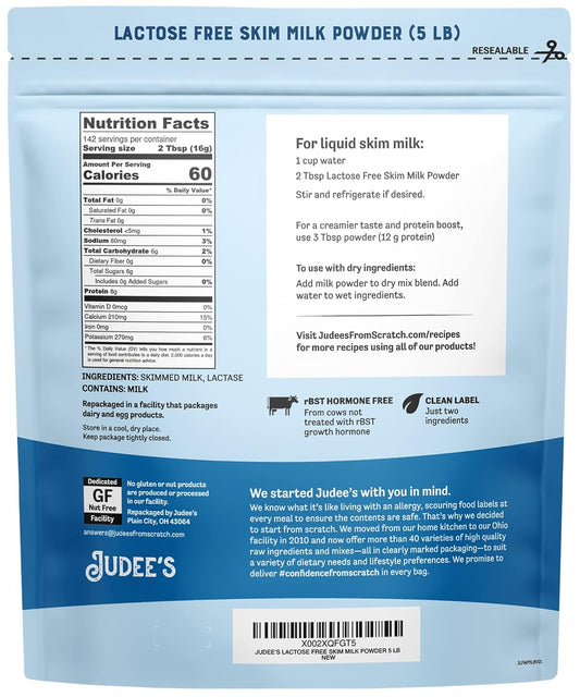 Judee’s Lactose Free Skim Milk Powder 5 LB - 100% Non-GMO, rBST Hormone-Free, Low Carb - Gluten-Free & Nut-Free - Made from Real Dairy - Great for Reconstituting and Baking with Skim Lactose-Free Milk