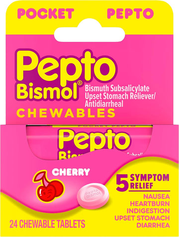 Pepto Bismol Pocket Chewable Tablets For Nausea, Heartburn, Indigestion, Upset Stomach, And Diarrhea - 5 Symptom Fast Relief, Cherry Flavor 24 Ct