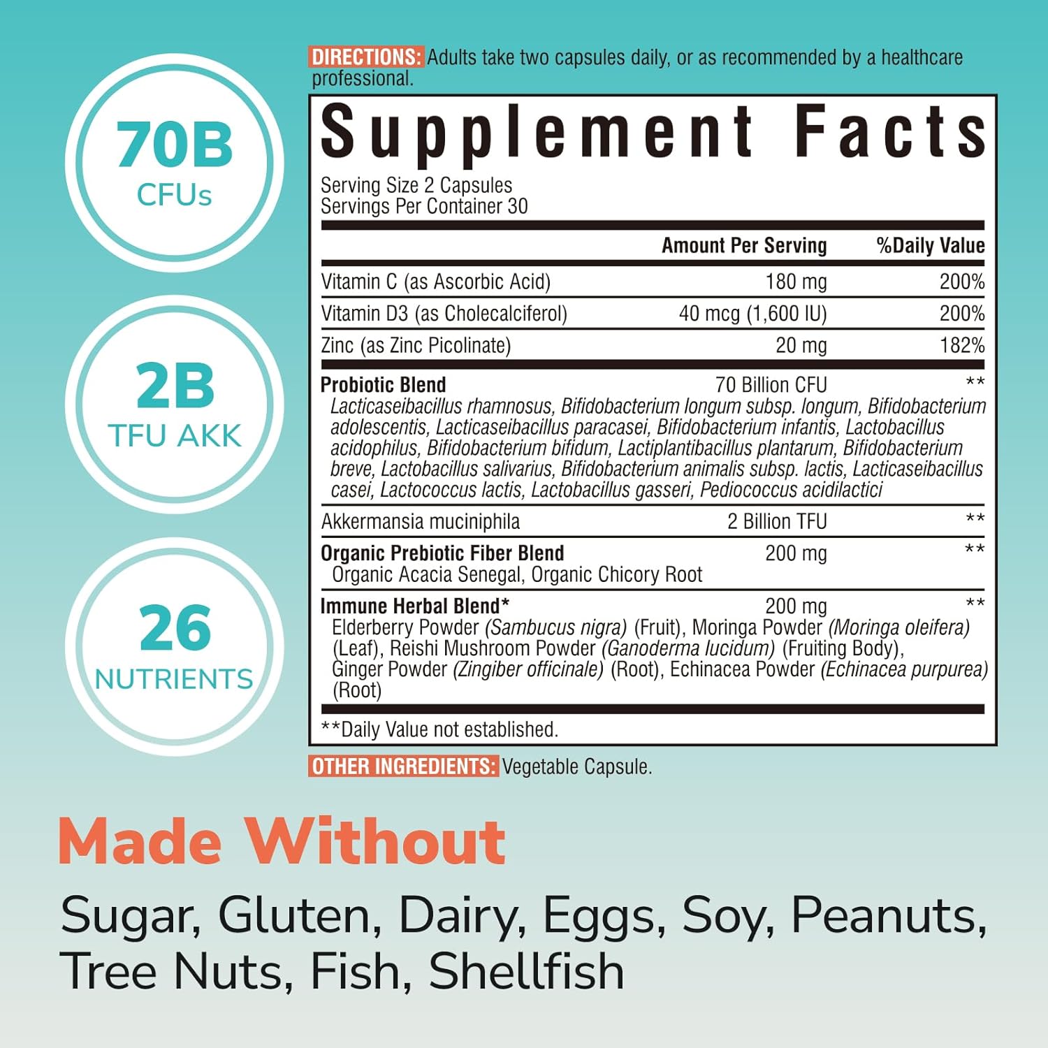 Vitalibre Akkermansia Probiotics For Women & Men, Immune Support Supplement, 16 Strains, With Prebiotics, Zinc, Vitamins C & D3, Moringa & Elderberry, Non-Gmo, Digestive Support, 60 Capsules : Health & Household