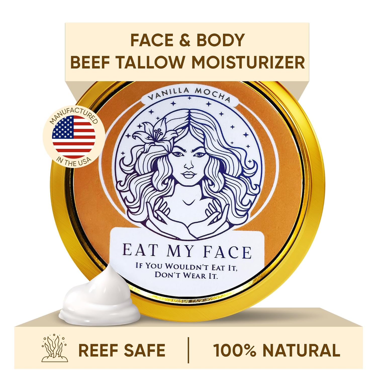 Eat My Face Tallow Face Moisturizer - Beef Tallow For Face Neck & Body, Beef Tallow Moisturizer, Organic Beef Tallow Face Cream, Grass Fed Tallow For Skin, Made In Usa - Tallow Cream, 4.0 Fl Oz