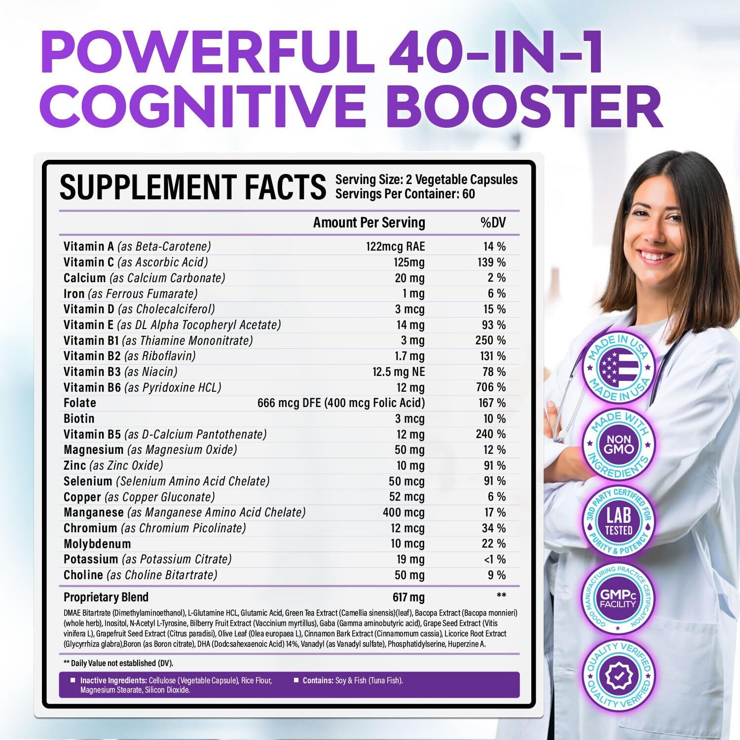 40-In-1 Brain Booster Supplements For Memory, Focus, Clarity, Energy, Performance | Natural Nootropic Brain Support Supplement With Dmae, Bacopa Monnieri & More | For Men & Women | 120 V Capsules : Health & Household