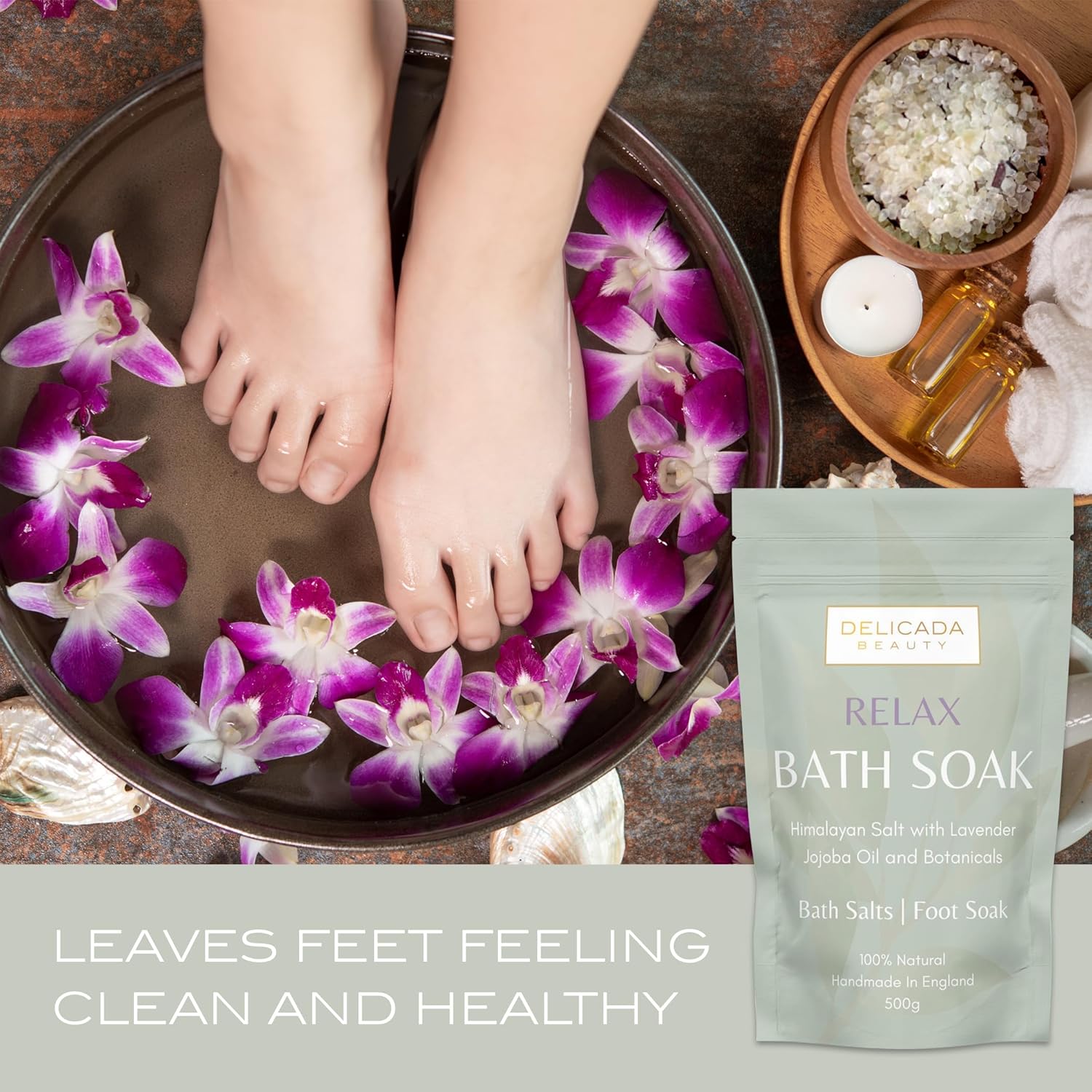 Bath Salts | Foot Soak | Himalayan Salts With Lavender And Jojoba Essential Oils | Treat Aches | Muscle Recovery | Tired Feet | Nail Care | Cotton Bag & Wooden Scoop | (500G) (Relax)