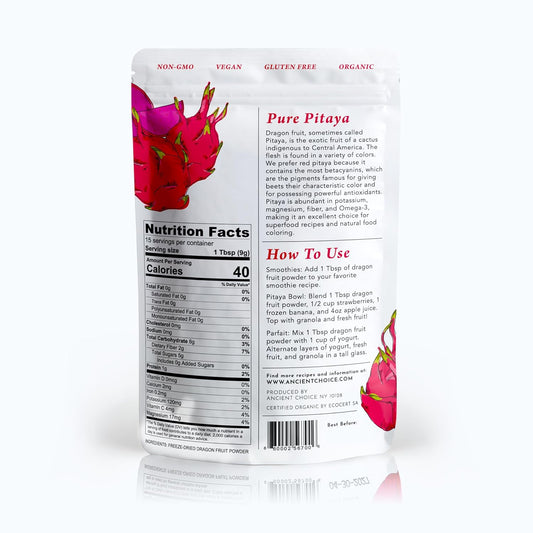 Ancient Choice - Red Dragon Fruit Powder (4 Ounces) | Usda Organic Freeze Dried | Non-Gmo Pitaya | Natural Food Coloring | Vegan Pink Superfood | Vegetarian | Smoothie | Baking | Fiber | Prebiotic