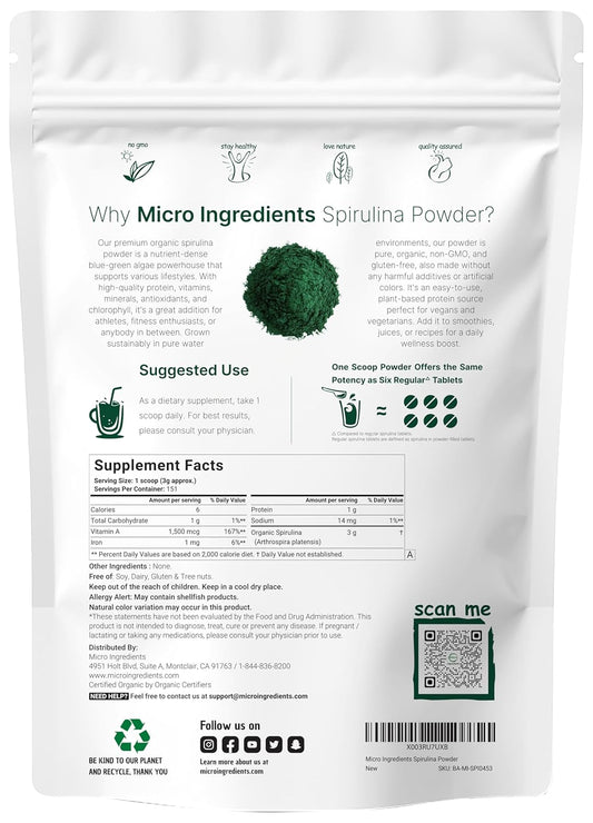 Micro Ingredients Organic Spirulina Powder, 16 Ounce, Raw Spirulina (Arthrospira Platensis), The Richest Sources Of 70% Vegan Protein, Containers Minerals, Vitamins, Non-Gmo & Non-Irradiation