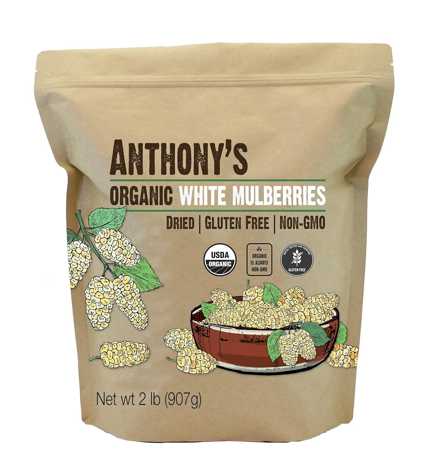 Anthony'S Organic White Mulberries, 2 Lb, Sun Dried, Gluten Free & Non Gmo