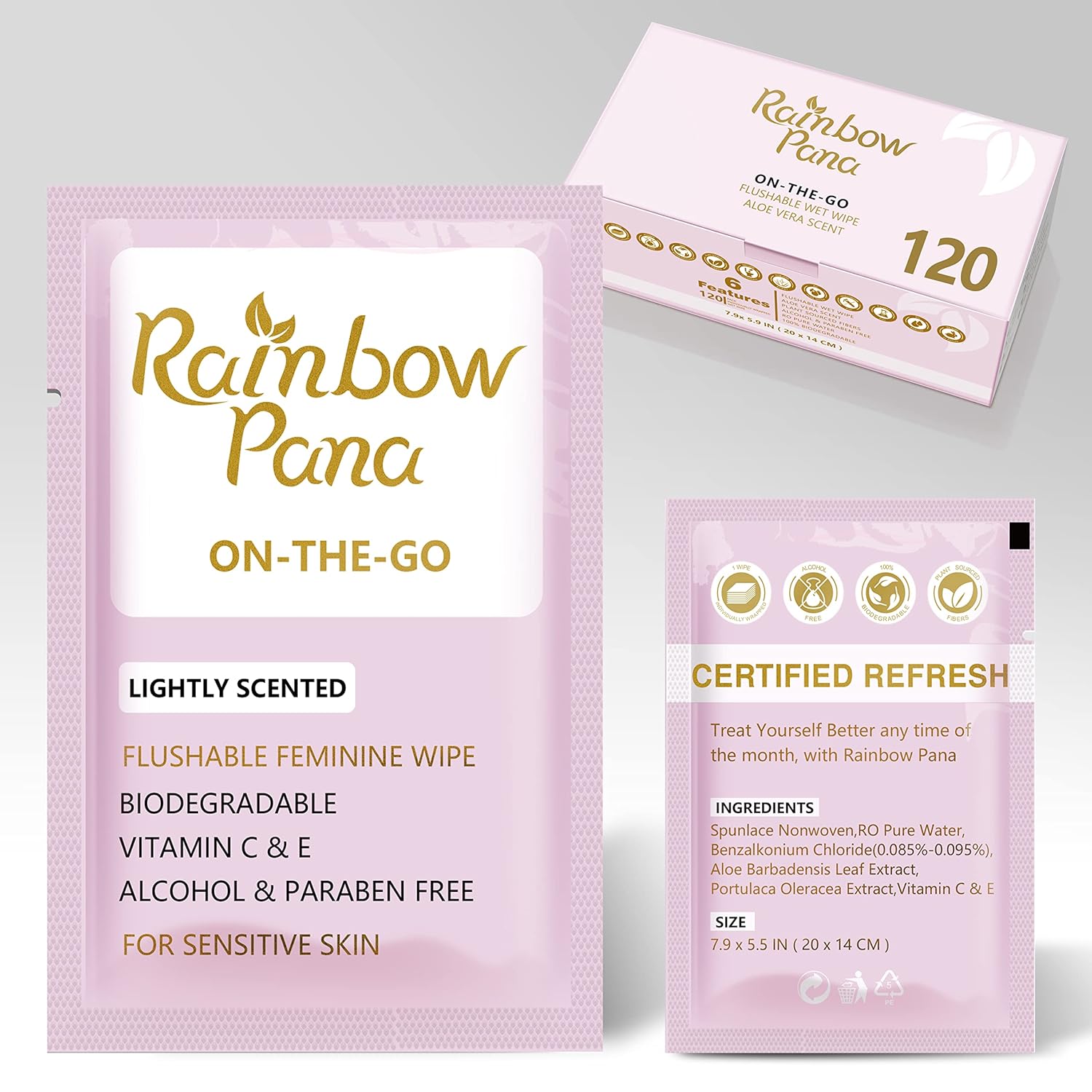 RainbowPana Feminine Wipes, 120 Count ON-THE-GO Individually Wrapped | Flushable Wipes, Travel Wipes for Women, Pre/Post-Intimacy Cleansing | Aloe, Portulaca, Vitamin E | pH Balanced, Biodegradable