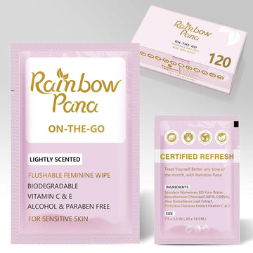 RainbowPana Feminine Wipes, 120 Count ON-THE-GO Individually Wrapped | Flushable Wipes, Travel Wipes for Women, Pre/Post-Intimacy Cleansing | Aloe, Portulaca, Vitamin E | pH Balanced, Biodegradable