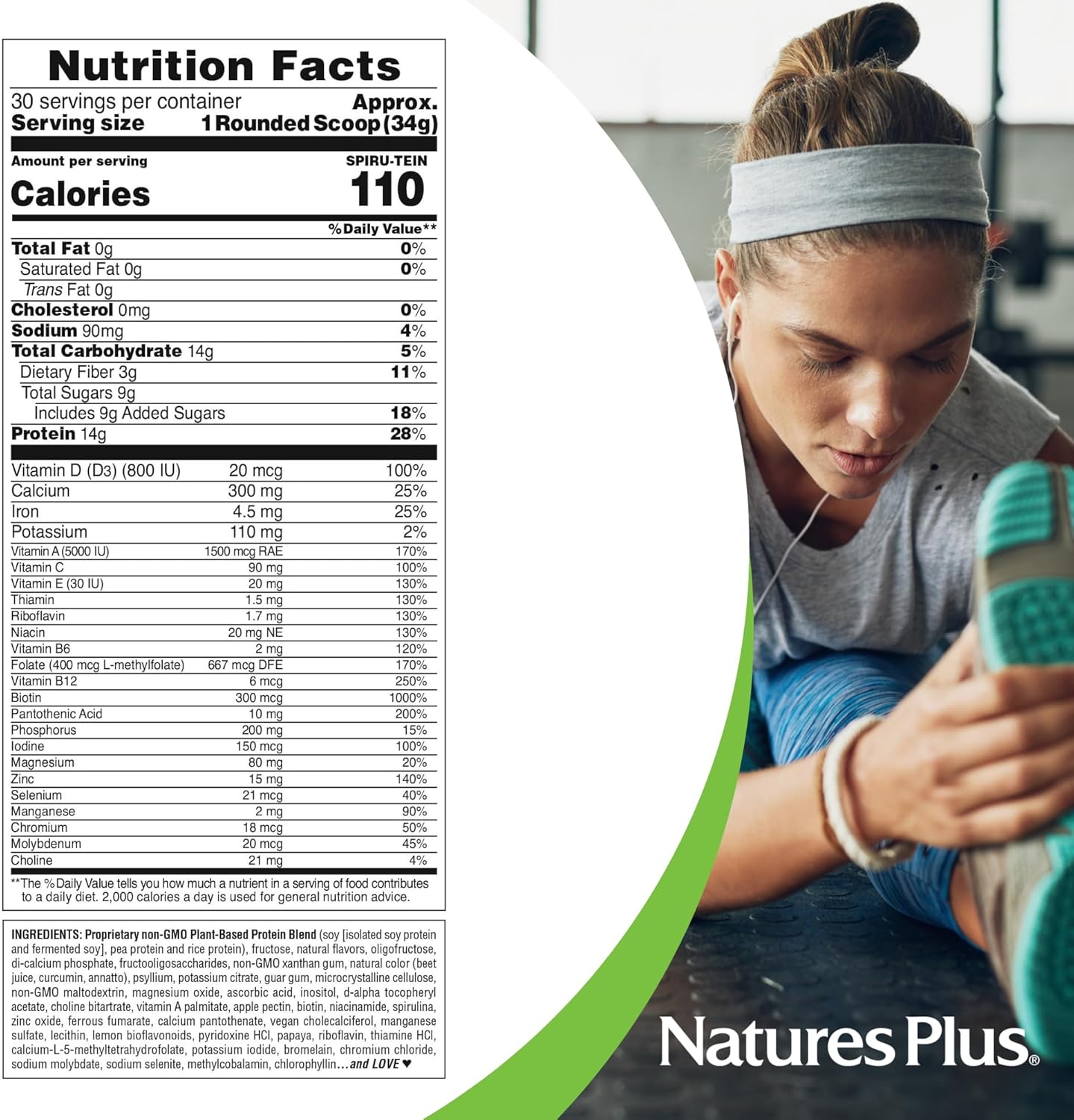 Natures Plus Spiru-Tein, Peaches & Cream - 2.24 Lb - Plant-Based Protein Powder - Vitamins & Minerals For Energy - Vegetarian, Gluten Free - 30 Servings