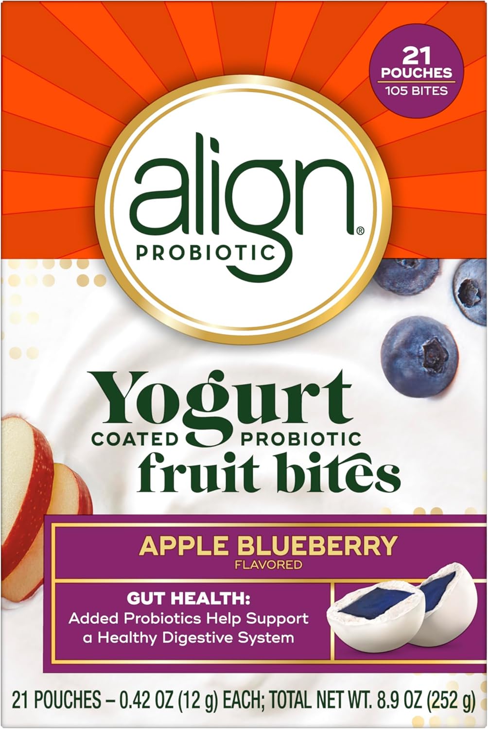 Align Probiotic, Yogurt Coated Probiotic Fruit Bites, Added Probiotic Helps Support Digestive Health, From The Maker Of The #1 Doctor Recommended Probiotic Brand‡, Apple Blueberry Flavor, 21 Pouches