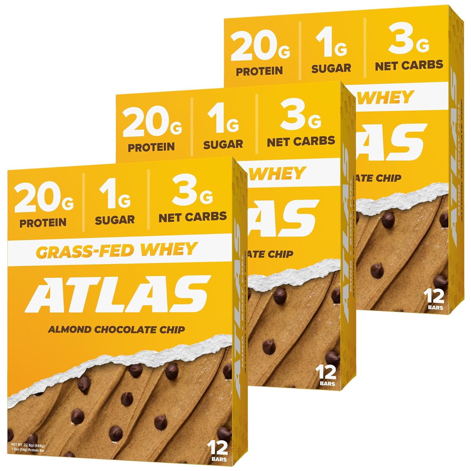 Atlas Protein Bar, 20G Protein, 1G Sugar, Clean Ingredients, Gluten Free (Almond Chocolate Chip, 12 Count (Pack Of 3))