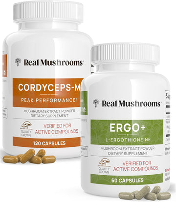 Real Mushrooms Ergothioneine (60Ct) And Cordyceps-M (120Ct) Bundle With Shiitake And Oyster Mushroom Extracts - Longevity And Energy - Vegan, Gluten Free, Non-Gmo - Natural Support For Healthy Aging