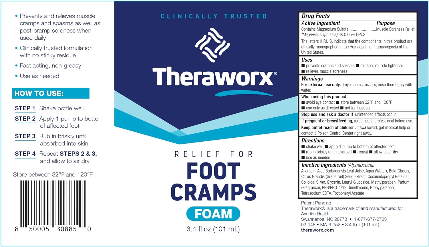 Theraworx Relief for Foot Cramps Foam Fast-Acting Foot Cramps, Spasms, Soreness Relief - 3.4 oz - 1 Count : Health & Household