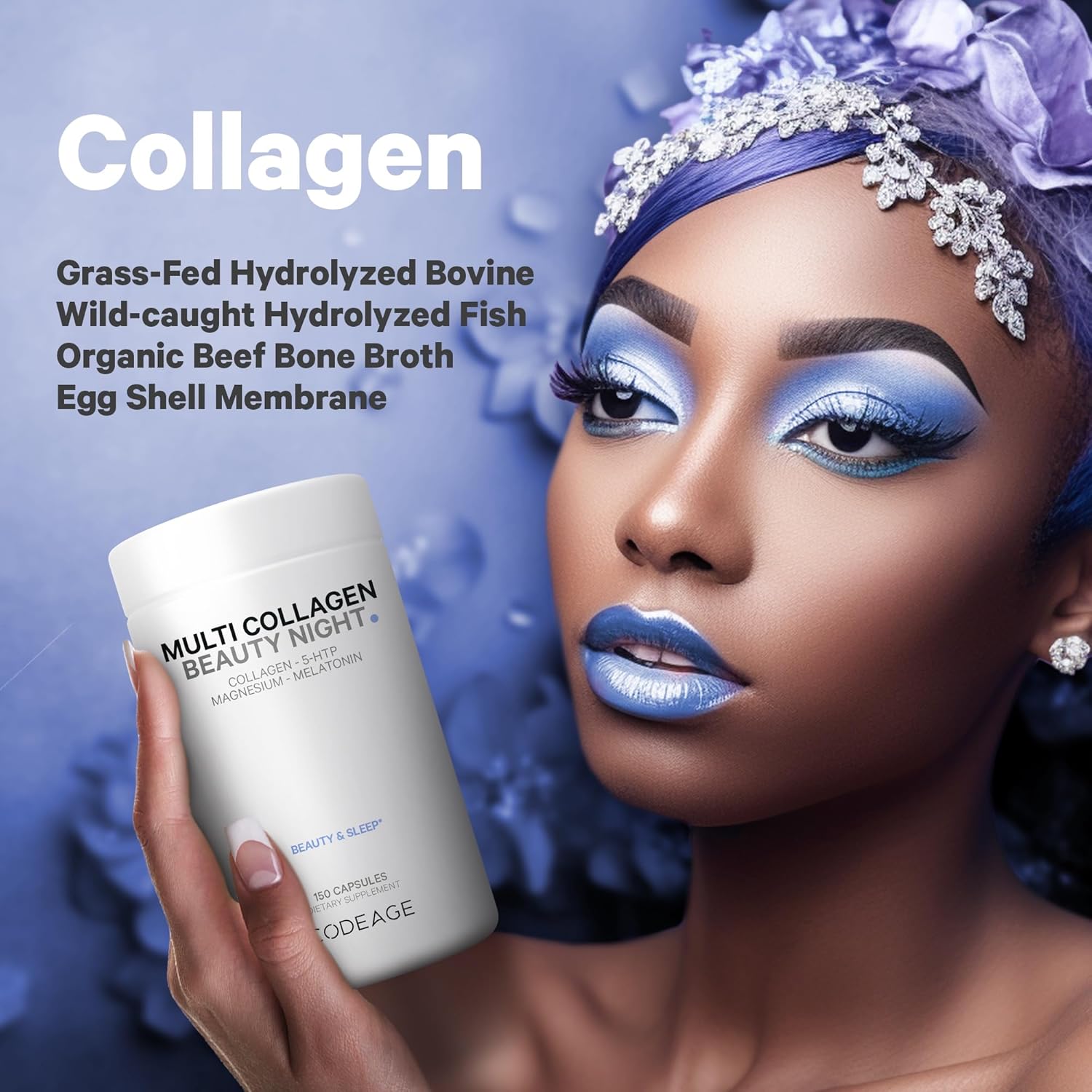 Codeage Multi Collagen Melatonin Magnesium Protein Beauty Night Complex Capsules, 5-HTP, L-Theanine, Supplement Vitamins - Hydrolyzed Collagen Pills - Hair, Skin, Nails, Joints, Sleep - 150 Count : Health & Household