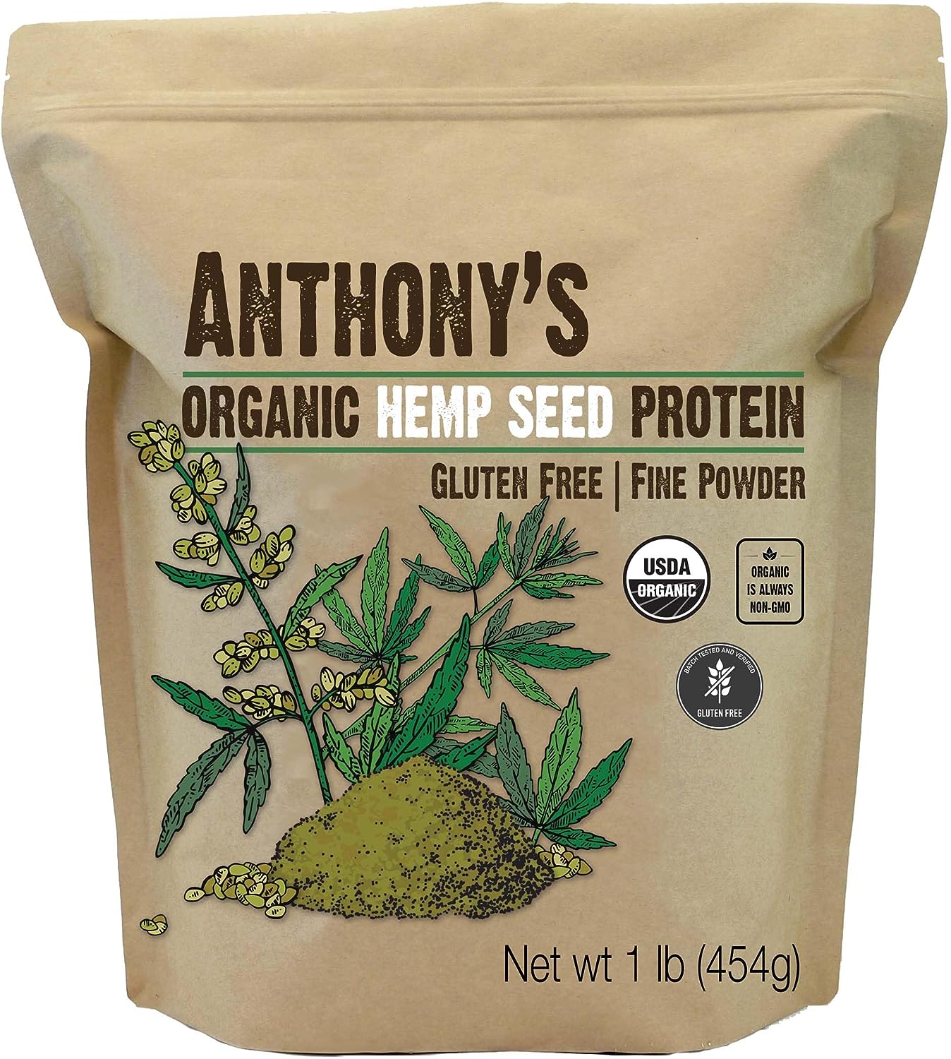 Anthony's Organic Hemp Seed Protein, 1 lb, Cold Pressed, Gluten Free, Non GMO, Fine Powder