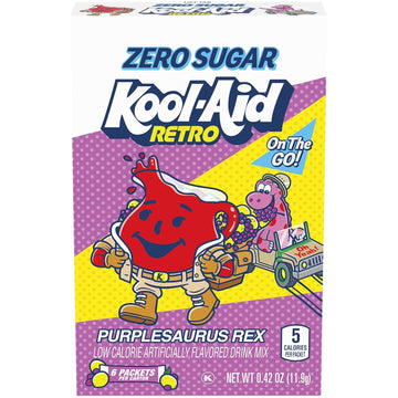 Kool-Aid Retro Purplesaurus Rex Grape Lemonade Zero Sugar Artificially Flavored Powdered Soft Drink Mix, 6 Ct On-The-Go-Packets