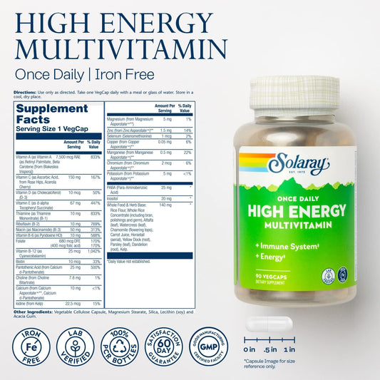 SOLARAY Once Daily High Energy Multivitamin, Iron Free, Immune System and Energy Support, Whole Food and Herb Base Ingredients, Men’s and Women’s Multi Vitamin (90 Servings, 90 VegCaps)