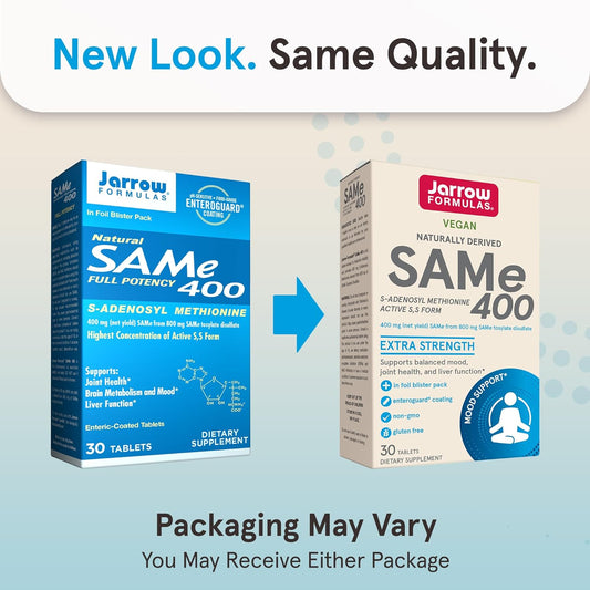 Jarrow Formulas SAMe 400 mg Extra Strength Vegan Naturally Derived SAMe Dietary Supplement, SAMe Supplement Supports Joint Health, Liver Health and Brain Health, 30 Tablets, 30 Day Supply