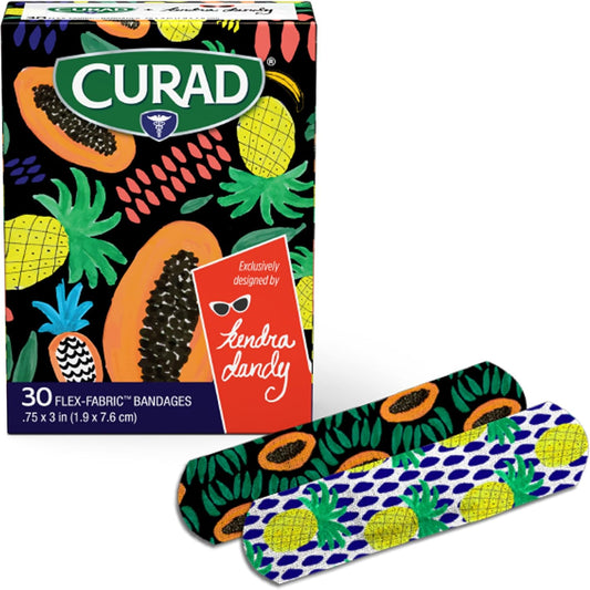 Curad Kendra Dandy Designer Adhesive Fabric Bandages (90 Count), 2 Colorful Patterns - Pineapples And Papayas, First Aid Bandages Are .75" X 3", 30 Count Boxes (3 Pack)