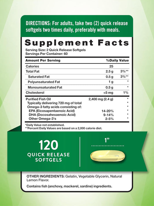 Fish Oil 2400Mg | 120 Quick Release Softgels | 720 Mg Omega 3 | Burpless Lemon Flavor Pills | Non-Gmo & Gluten Free Supplement | By Nature'S Truth