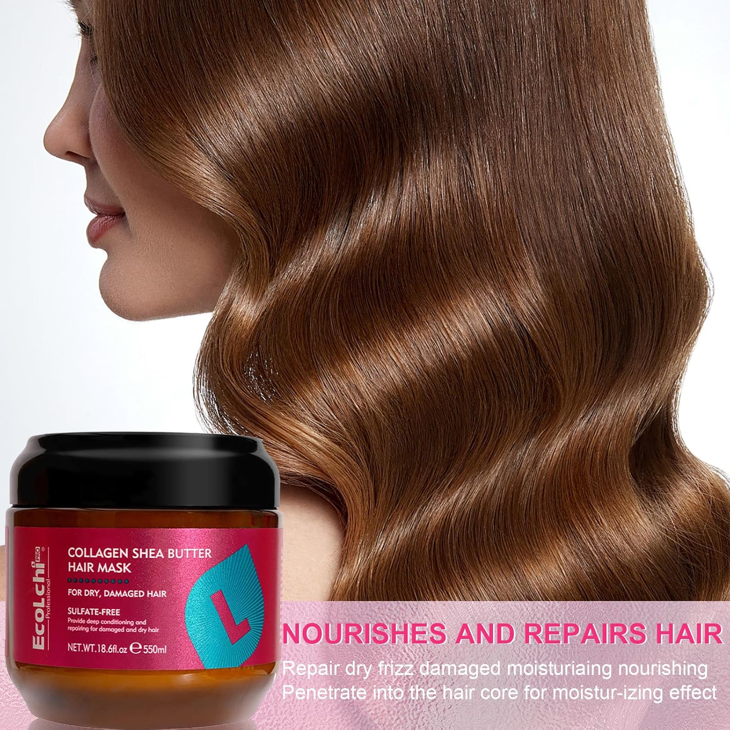 Ecolchi Collagen Shea Butter Hair Mask: Deep Repair And Conditioning Treatment With Argan Oil For Dry, Damaged Hair — Suitable For All Hair Types, 18.6 Oz (550 Ml)