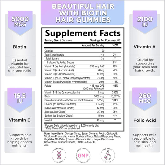 Hello Lovely! Hair Vitamins Gummy With Biotin 5000 Mcg Vitamin E & C Support Hair Growth, Premium Vegetarian Non-Gmo, For Stronger Beautiful Hair, Skin & Nails Supplement - 120 Bear Gummies