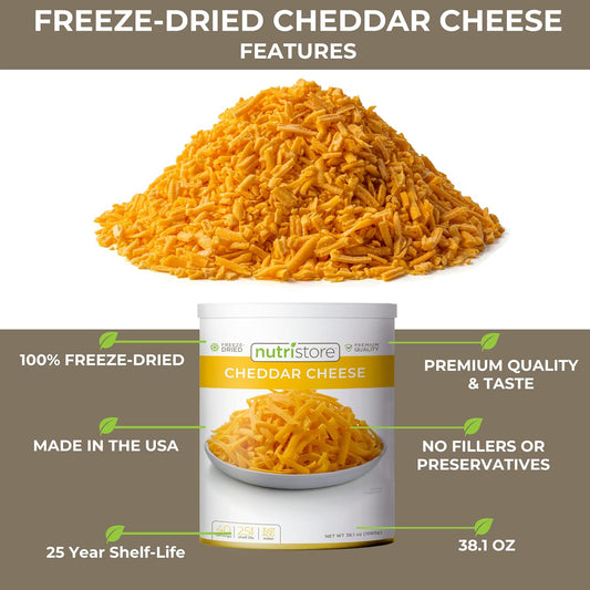 Nutristore Freeze-Dried Cheddar Cheese Shredded | Amazing Taste & Quality | Perfect for Snacking, Backpacking, Camping, or Home Meals | Emergency Food Storage | 25 Year Shelf-Life