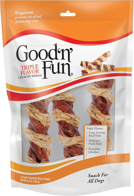 Good'N'Fun Crunchy Spirals Beef/Chicken 5 Inch - 3Ct; Case Pack Of 36 Individual Bags; Multi