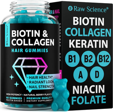 Biotin Collagen Gummies – Hair Skin And Nails Vitamins For Women & Men – Hair Growth Vitamins: B1, B2, B3, B5, B7, B9, B12, Collagen, Keratin, Vitamin A & D – Hair Growth Supplement – 60 Gummy Bears