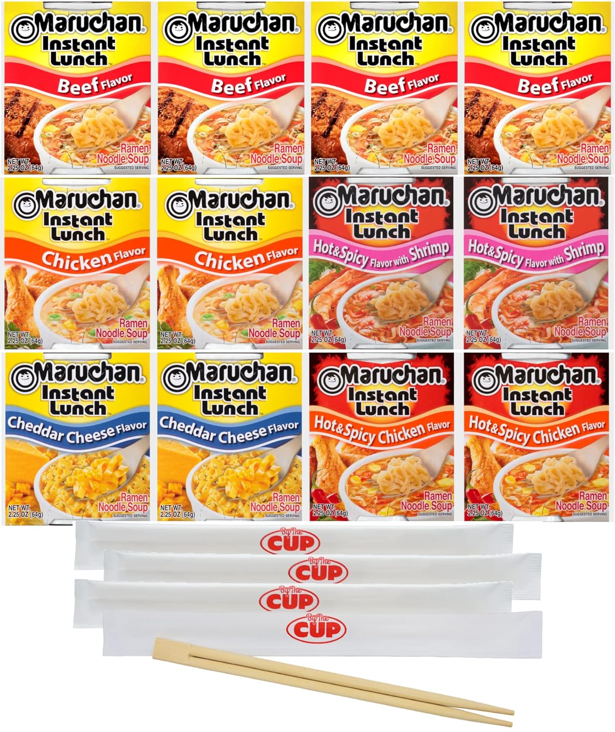 Maruchan Ramen Instant Lunch Variety, 5 Flavors (Pack of 12) with By The Cup Chopsticks