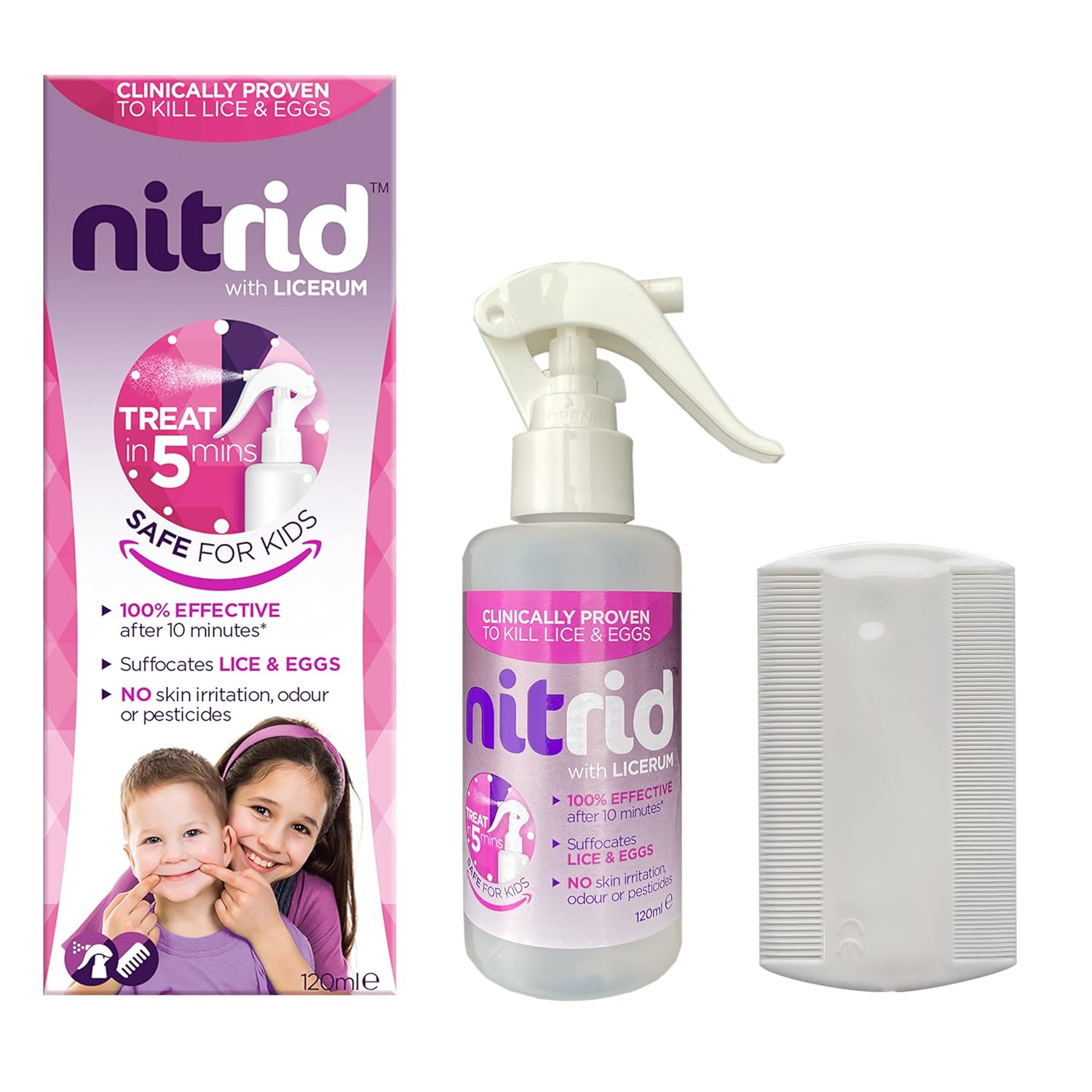 Nitrid All-In-One Head Lice Treatment Spray & Comb, 100% Effective, Kills Nits & Eggs, Includes Spray 120Ml & Nit Comb