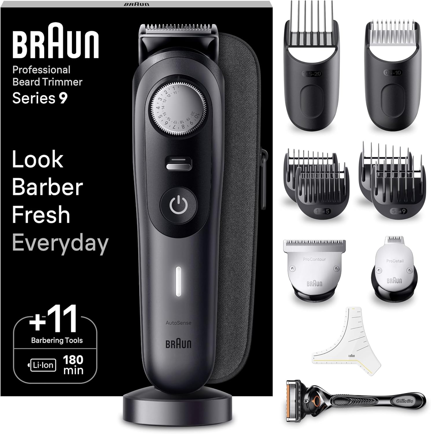 Braun Beard Trimmer Series 9 Bt9441, Beard Trimmer Men Rechargeable, Trimmer With Barber Tools And 180-Min Runtime, Hair And Beard Trimmers For Men, Black