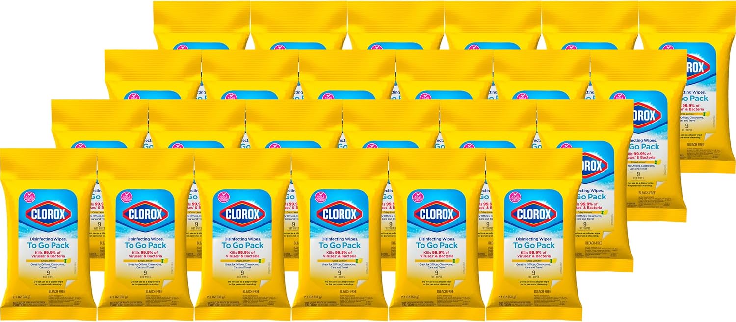 Clorox Disinfecting Wipes On The Go Wipes, Crisp Lemon, 9 Count, Pack Of 24 (Package May Vary)