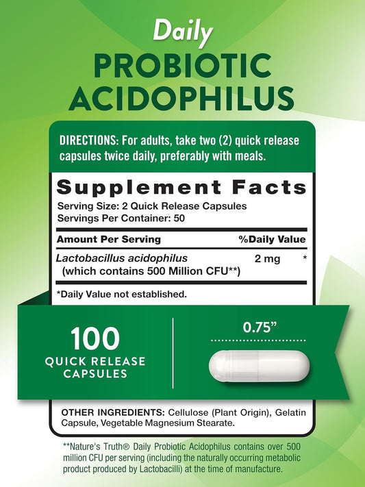 Probiotics For Men And Women Digestive Support | 500 Million Cfu | 100 Capsules | Acidophilus | By Nature'S Truth