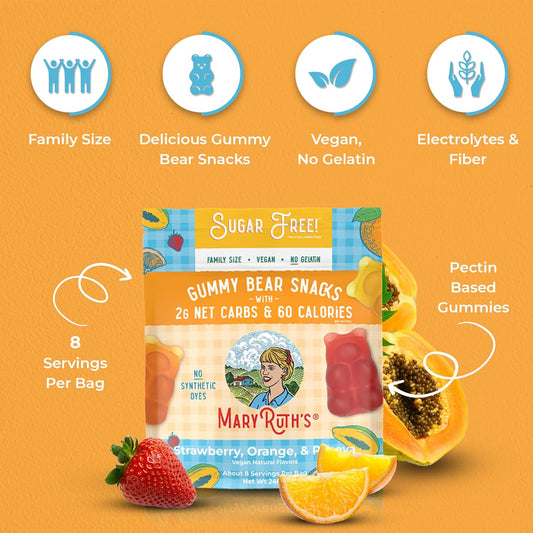 MaryRuth Organics Sugar Free Gummy Bears Snacks | Delicious with Electrolytes and Fiber | Made with Organic Ingredients | Variety Pack | Vegan | Gluten Free | Non-GMO | Family Size | 240 Grams